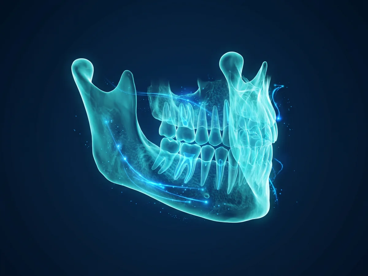 تصوير مقطعي CBCT ثلاثي الأبعاد لفكٍ بشري بتوهج أزرق